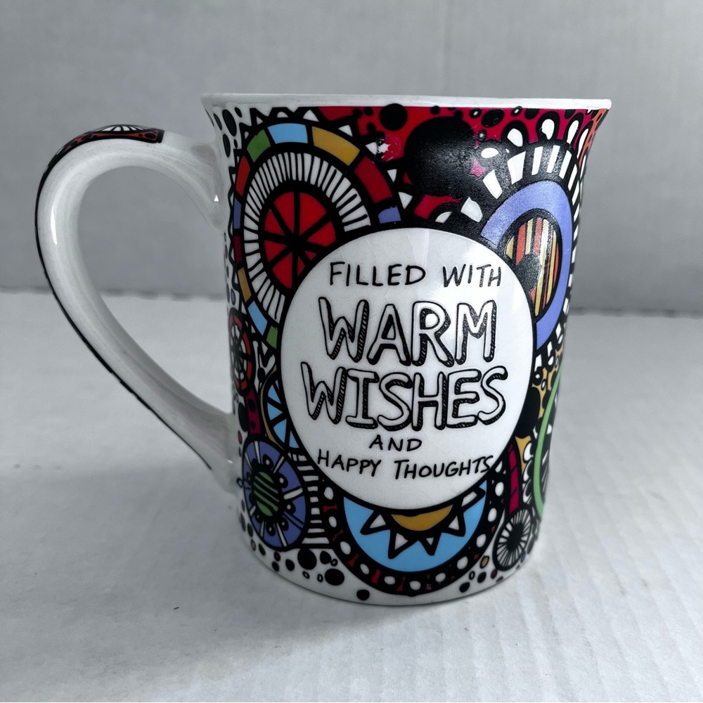 In Our Hearts ~ Thinking of you Warm Wishes colorful coffee mug Laurie Veasey